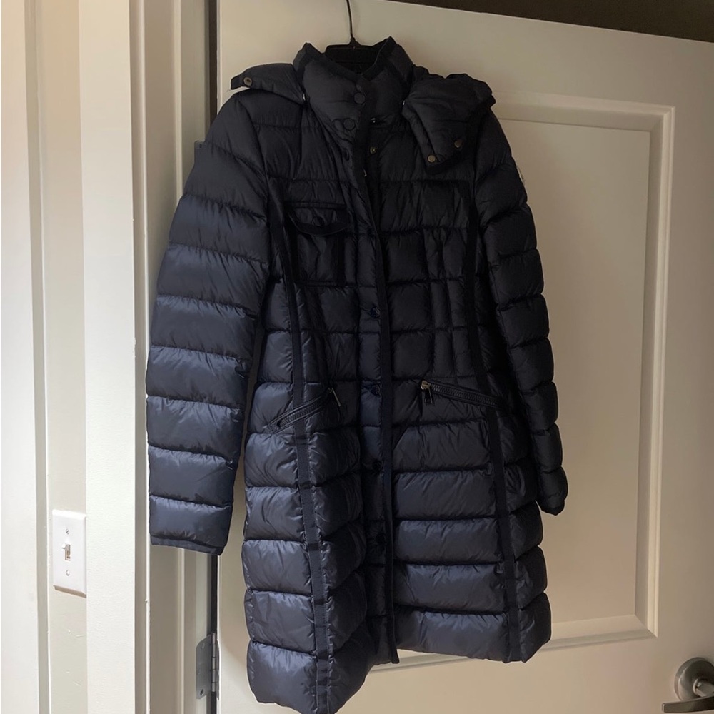 Brand new never used navy blue Monclair long jacket, extra small